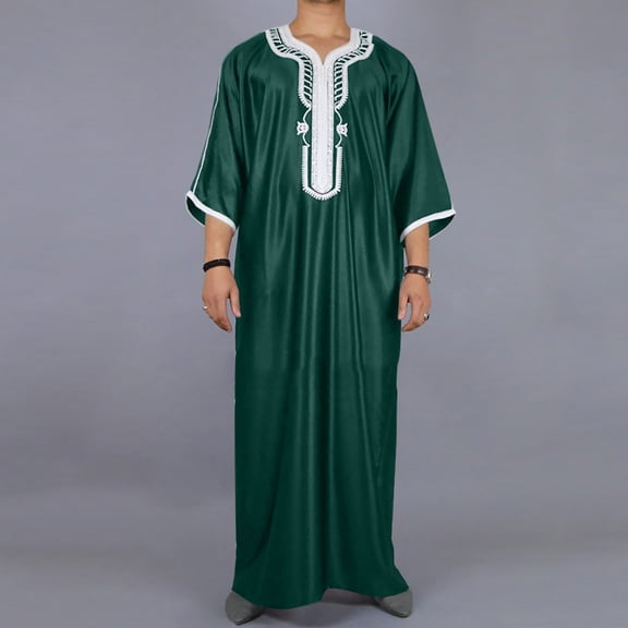 Yaoyar Men's Muslim Clothes V-Neck Short Sleeve Plus Size Thobe Kaftan Loose Casual Solid Color Breathable Soft Thobe