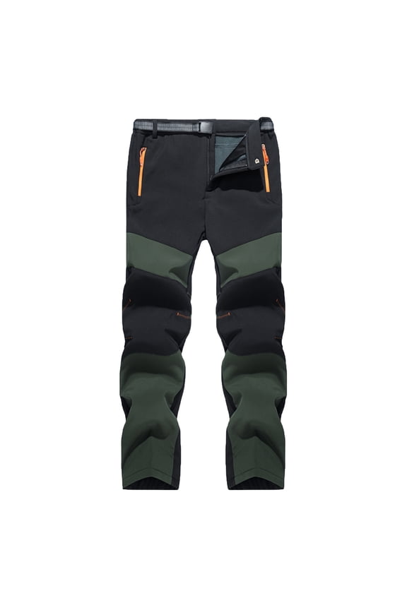 Men's Outdoor Color Blocking Waterproof Windproof Charging Pants Plush Warm Lined Hiking Cargo Insulated Pants Winter Warm Snow Pants Army Green 3XL