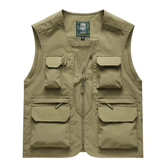 Yaoyar Men's Outdoor Work Fishing Travel Photo Zip Cargo Vest Jacket Pockets Quick Dry Hiking Vest Loose Vest Mountaineering Tooling Outdoor Vest Jacketst Khaki L