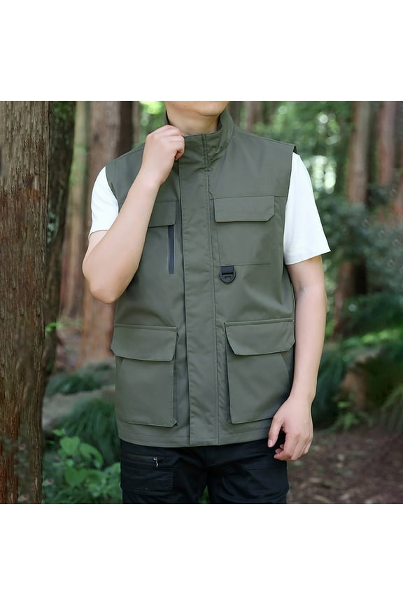 Men's Outdoor Work Fishing Travel Photo Zip Cargo Vest Jacket Pockets Quick Dry Hiking Vest Loose Vest Mountaineering Tooling Outdoor Vest Jackets Army Green L