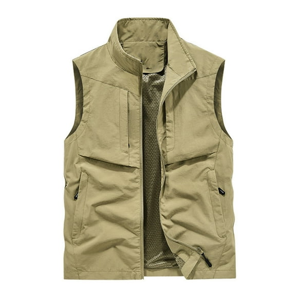 Yaoyar Men's Outdoor Work Fishing Travel Photo Zip Cargo Vest Jacket Pockets Quick Dry Hiking Vest Loose Vest Mountaineering Tooling Outdoor Vest Jacketst Khaki 2XL