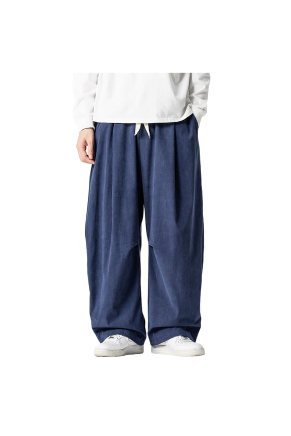 Men's Paratrooper Style Cargo Pants Wide Leg Fit with Adjustable Drawstring Waist and Large Side Pockets Utility Trousers,L,Navy