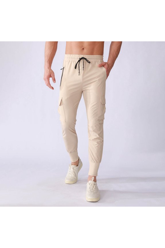 Men's Performance Running Pants Solid Color Stretch Woven Fabric with Multiple Pockets Tapered Ankle Drawstring Cargo Style Trousers,S,Beige