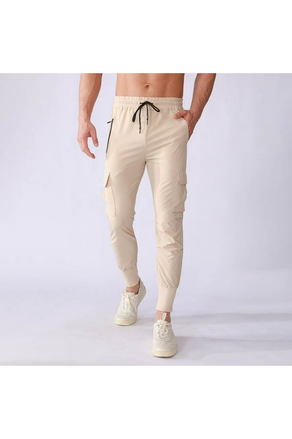 Men's Performance Running Pants Solid Color Stretch Woven Fabric with Multiple Pockets Tapered Ankle Drawstring Cargo Style Trousers,XXL,Beige