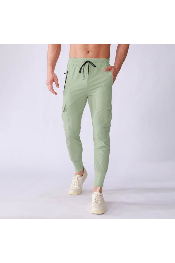 Men's Performance Running Pants Solid Color Stretch Woven Fabric with Multiple Pockets Tapered Ankle Drawstring Cargo Style Trousers,XXL,Green