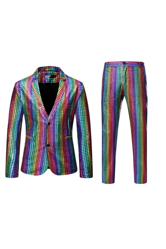 Men's Plaid Sequin Shiny 2 Piece Set Two Button Blazer Metallic Slim Suit Wedding Party Banquet Suit Jacket Pants Multicolor L
