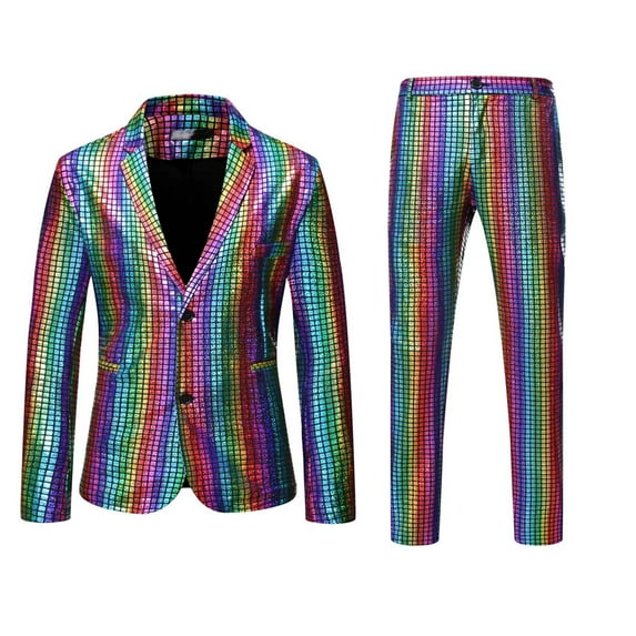 Yaoyar Men's Plaid Sequin Shiny 2 Piece Set Two Button Blazer Metallic Slim Suit Wedding Party Banquet Suit Jacket Pants Multicolor L