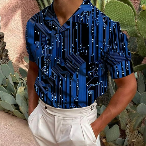 Yaoyar Men's Printed Short Sleeve V Neck Shirt Short Sleeve Shirt Sequin Stage Party Clothes Blue,3XL