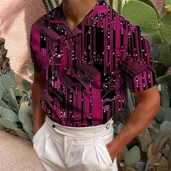 Yaoyar Men's Printed Short Sleeve V Neck Shirt Short Sleeve Shirt Sequin Stage Party Clothes Hot Pink,L