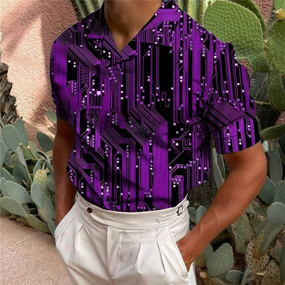 Yaoyar Men's Printed Short Sleeve V Neck Shirt Short Sleeve Shirt Sequin Stage Party Clothes Purple,2XL
