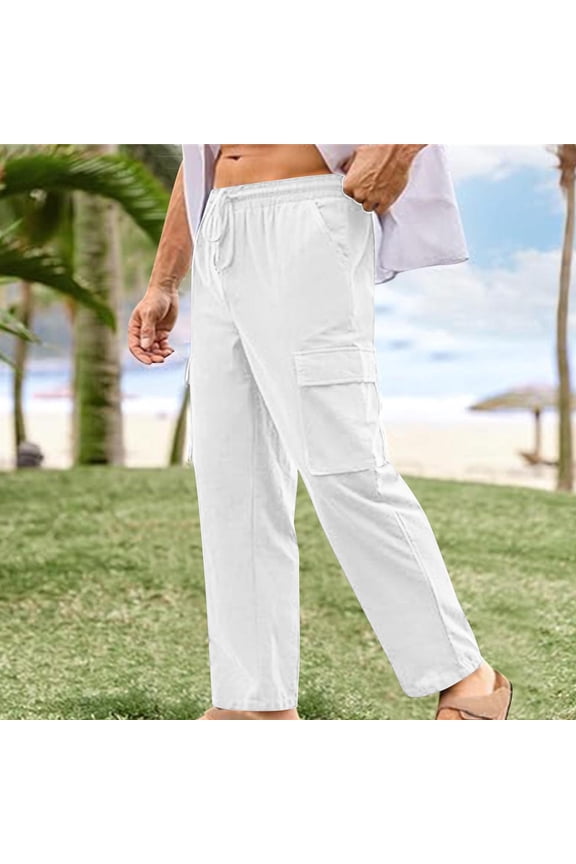 Men's Quick-Dry Beach Pants Solid Color Straight Leg with Side Pockets Lightweight Fabric for Swimming Gym Long Pants,M,White