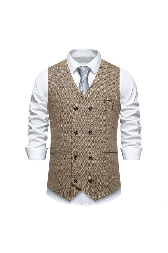 Men's Retro Waistcoat, Medieval Herringbone Pattern, Single Breasted With Pockets, V Neck Suit Vest, Casual Formal Activewear, Daily Wear Sleeveless Tops,Khaki,M