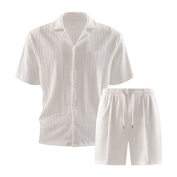 Yaoyar Men's Ribbed Shirt and Shorts Set, Short Sleeve, Drawstring Waist, Casual Summer Outfit