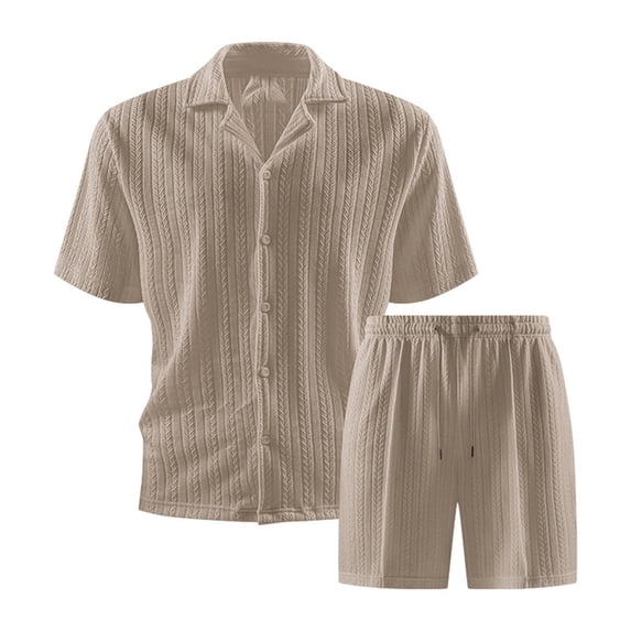 Yaoyar Men's Ribbed Shirt and Shorts Set, Short Sleeve, Drawstring Waist, Casual Summer Outfit
