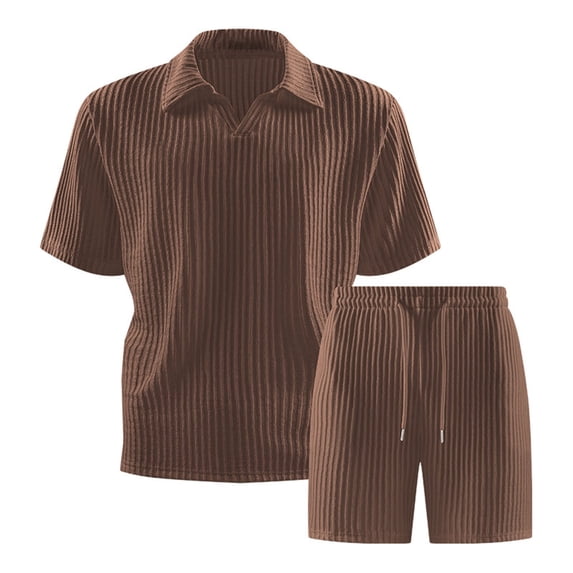 Yaoyar Men's Ribbed Shirt and Shorts Set, Short Sleeve, Drawstring Waist, Casual Summer Outfit