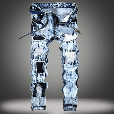 Yaoyar Men's Ripped Slim Straight Fit Biker Jeans Man's Casual Distressed Denim Pants Trousers with Zipper Pocket Light Blue XL