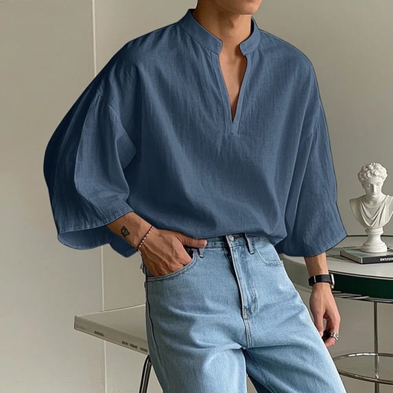 Yaoyar Men's Seven Point Bell Sleeve V Neck Casual Breathable Soft Lightweight Flowy Summer T Shirt