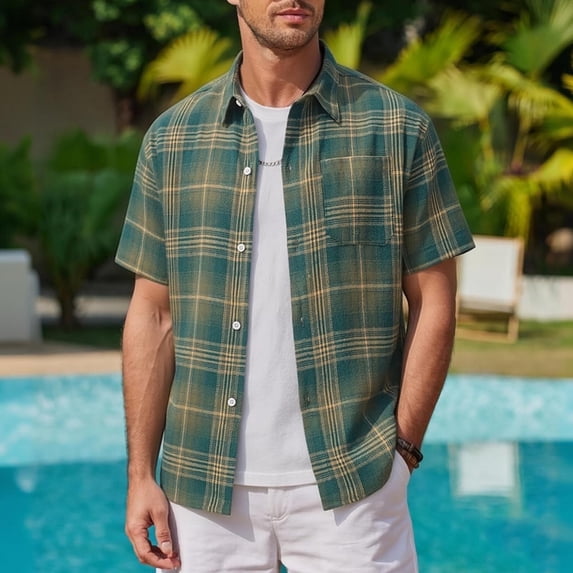 Yaoyar Men's Short Sleeve Button Down Shirt Plaid Loose Lapel Casual Summer Work Shirts with Chest Pocket