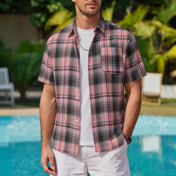 Yaoyar Men's Short Sleeve Button Down Shirt Plaid Loose Lapel Casual Summer Work Shirts with Chest Pocket
