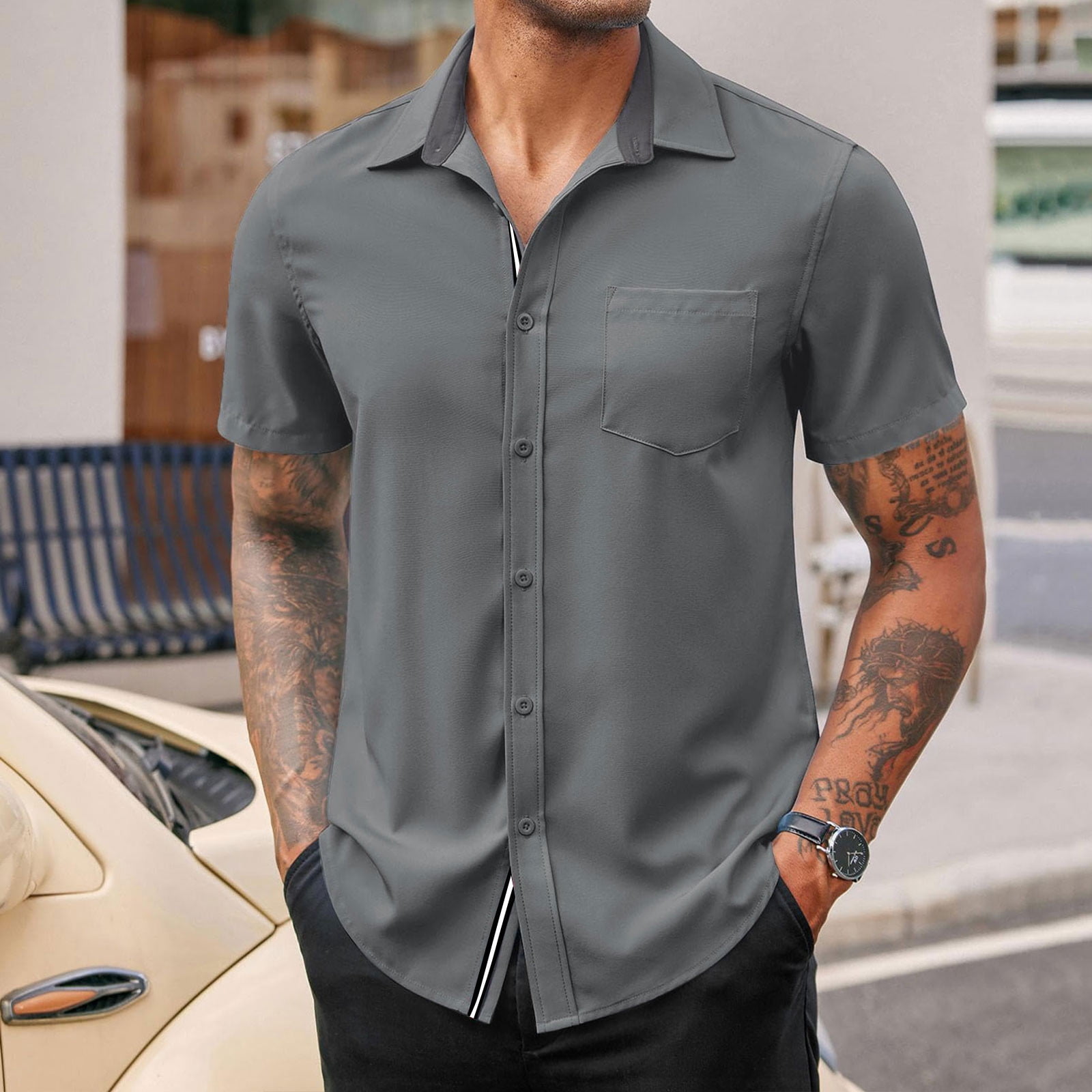 Yaoyar Men's Short Sleeve Turndown Collar Shirts Wrinkle