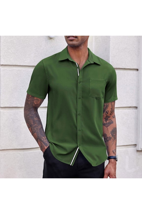 Men's Short Sleeve Turndown Collar Shirts Wrinkle Free Regular Fit Dress Shirt Casual Button Down Shirts with Pocket Green,L