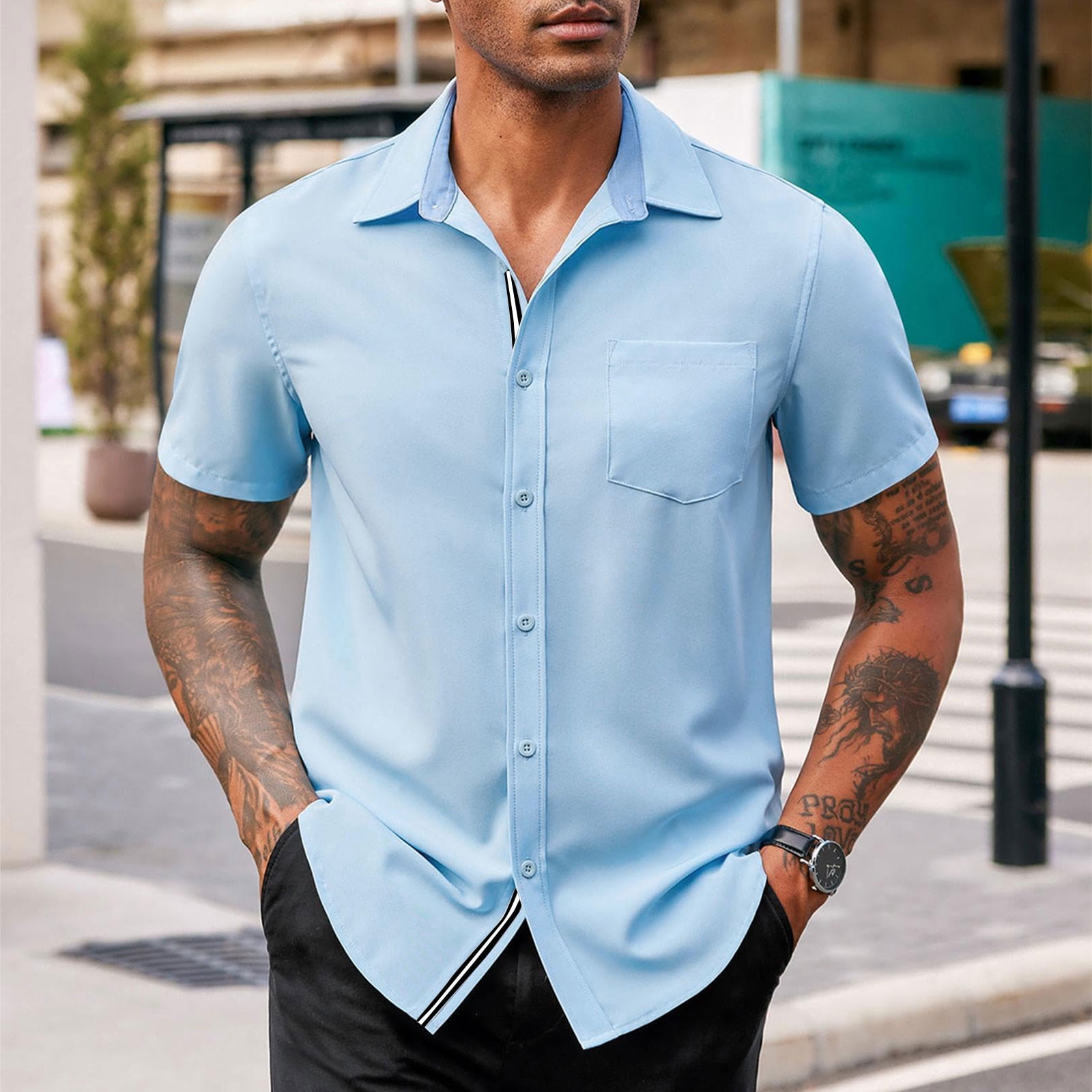 dress shirt with pocket Men's Long Sleeve 2XL / French Blue Model measures are What Shirts Should Have Pockets?
