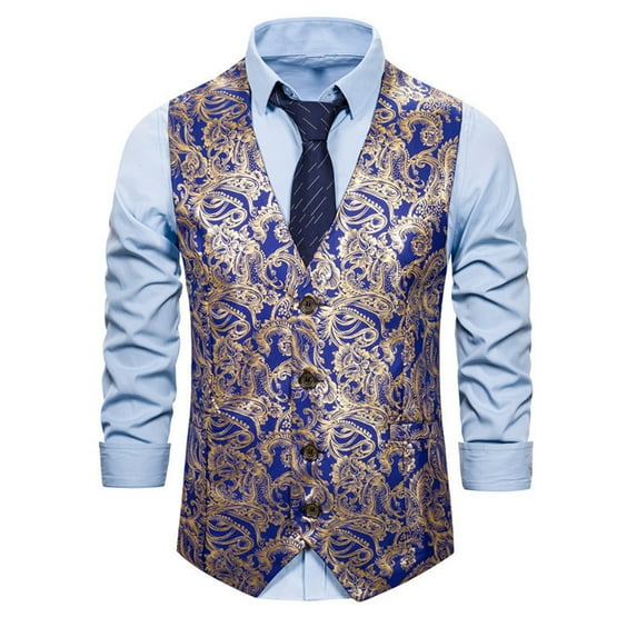 Yaoyar Men's Silk Printed Waistcoat Tie Set V-neck Regular Fit Casual Formal Vest Suit Fitted Button Suit Vest Dark Blue XL