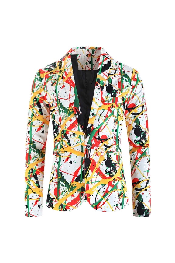 Men's Silm Suit Color Pattern Printed Slim Fit Single Breasted Casual Suit Jacket Party Holiday Blazers Yellow L