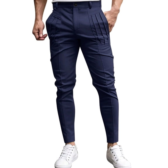 Yaoyar Men's Slim Fit Casual Pants Solid Color with Zipper Pockets Tapered Ankle Design for Modern Street Style Long Pants,L,Blue