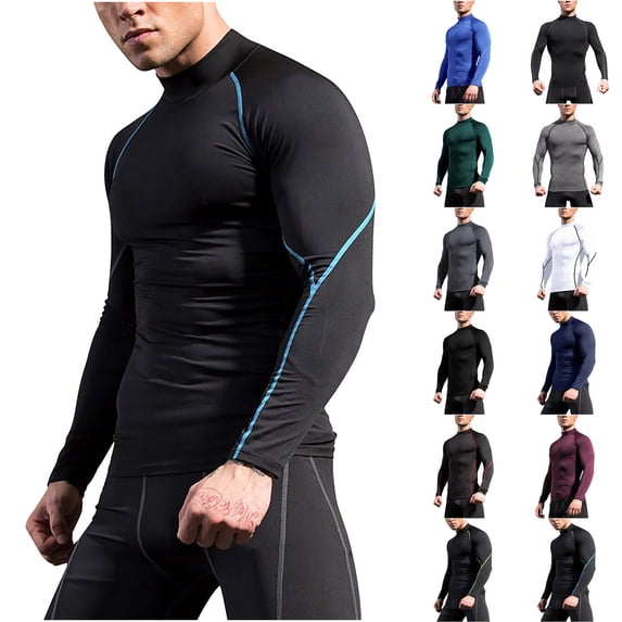 Yaoyar Men's Slim Fit Solid Mock Neck Zip Front Long Sleeve Top, Breathable Stretchy Athletic Base Layer Shirt for Sport Training