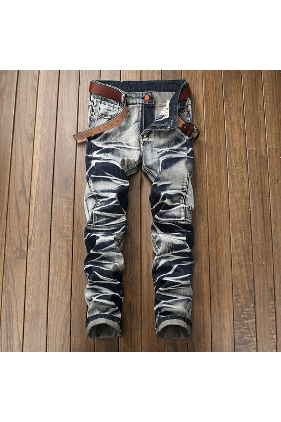 Men's Slim Fit Tie Dye Jeans Hip Hop Straight Leg Denim Pants Distressed Washed Jean Trousers Streetwear(Blue,S)