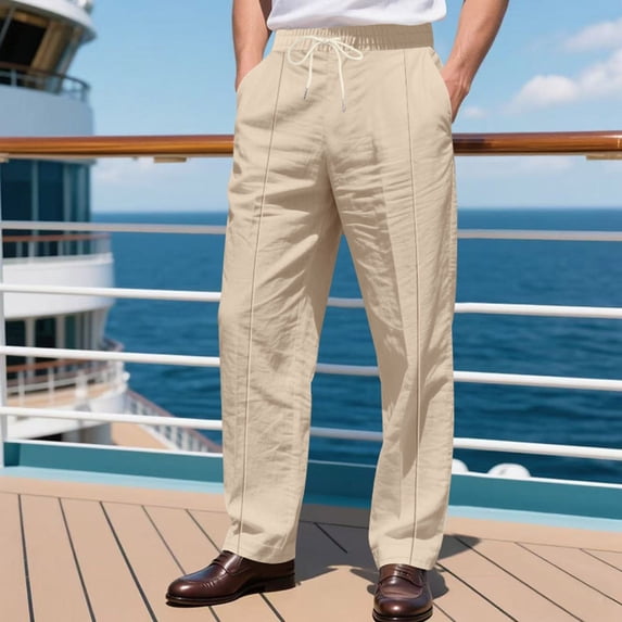 Yaoyar Men's Solid Color Breathable Beach Casual Pants with Elastic Drawstring Waist Wide Leg Fit and Side Pockets Long Pants,L,Khaki