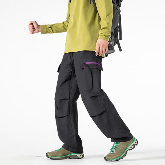 Yaoyar Men's Solid Color Camping Hiking Athletic Pants Drawstring Waist Zipper Multi-Pocket Cargo Design for Outdoor Trekking Long Pants,XXL,Black