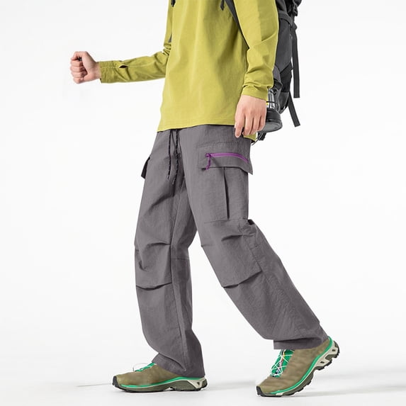 Yaoyar Men's Solid Color Camping Hiking Athletic Pants Drawstring Waist Zipper Multi-Pocket Cargo Design for Outdoor Trekking Long Pants,XXL,Gray