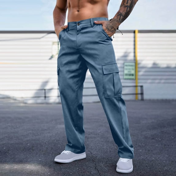 Yaoyar Men's Solid Color Cargo Work Pants Button Front Waist Outdoor Casual Straight Leg Comfortable Daily Wear Trousers,S,Dark Blue