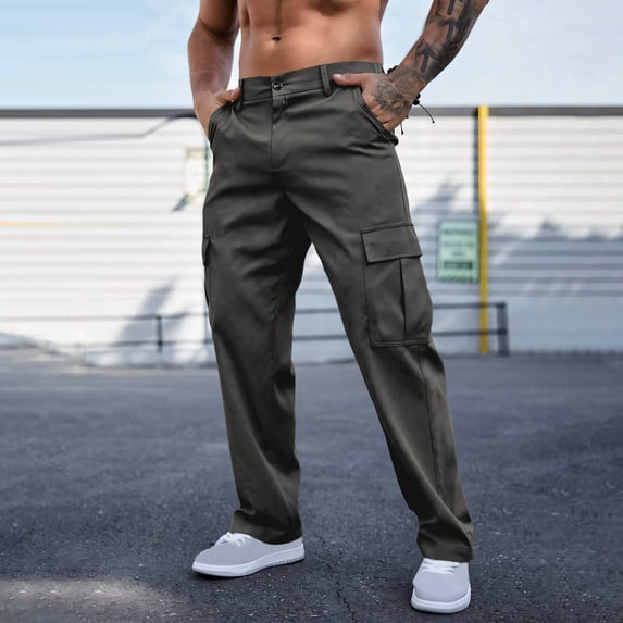 Yaoyar Men's Solid Color Cargo Work Pants Button Front Waist Outdoor Casual Straight Leg Comfortable Daily Wear Trousers,XL,Dark Gray