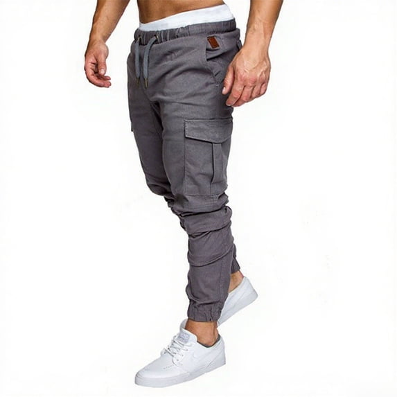 Yaoyar Men's Solid Color Casual Cargo Pants Elastic Drawstring Waist Ankle Cuff Style for Athletic Streetwear Comfortable Trousers With Pockets,XXXXL,Gray