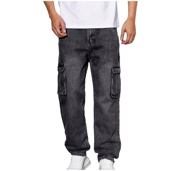 Yaoyar Men's Solid Color Denim Jeans with Multiple Cargo Pockets Workwear Style Durable Fabric for Casual Street Wear Denim Pants,L,Black