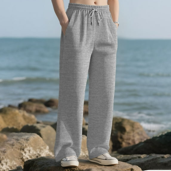 Yaoyar Men's Solid Color Drawstring Striped Straight Leg Casual Sports Long Pants