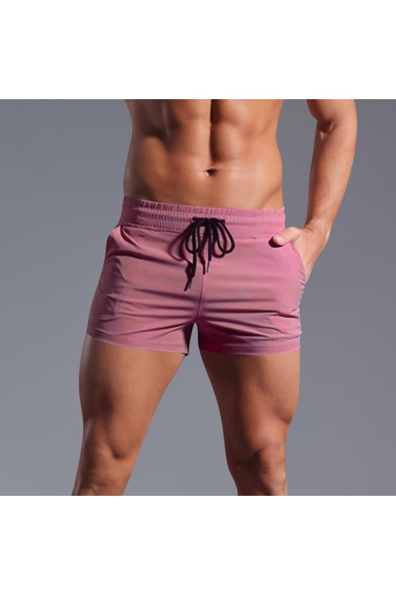 Men's Solid Color Elastic Waist Pocketed Muscle Fit Gym Running Hot Pants Outdoor Beach Casual Shorts,Hot Pink,XL