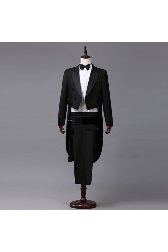 Men's Solid Color Jacket Tailcoat Wedding Suit 4 Pieces Groom Tuxedos Party Dinner Suits Black L