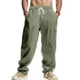 thumbnail image 1 of Yaoyar Men's Solid Color Linen Work Bottoms with Elastic Drawstring Waist Multiple Utility Pockets Straight Leg Design Cargo Pants,L,Army Green, 1 of 8