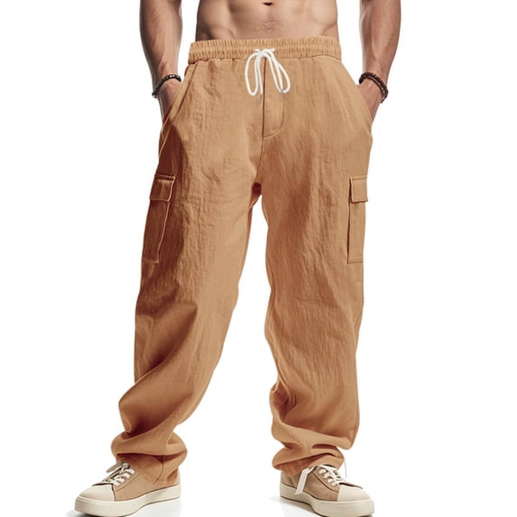 Yaoyar Men's Solid Color Linen Work Bottoms with Elastic Drawstring Waist Multiple Utility Pockets Straight Leg Design Cargo Pants,XL,Yellow