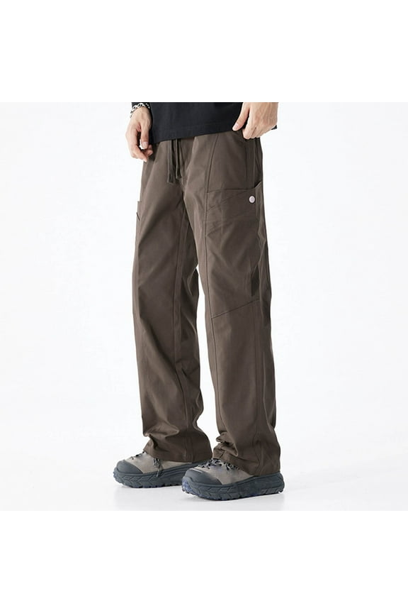 Men's Solid Color Loose Technical Cargo Trousers with Drawstring Pockets Utility Design Functional Long Pants,L,Coffee