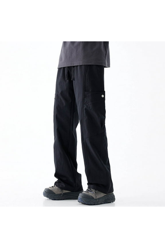 Men's Solid Color Loose Technical Cargo Trousers with Drawstring Pockets Utility Design Functional Long Pants,M,Black