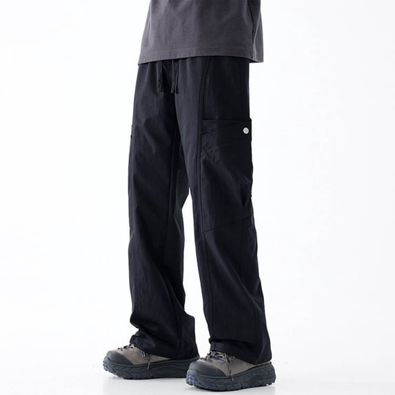 Yaoyar Men's Solid Color Loose Technical Cargo Trousers with Drawstring Pockets Utility Design Functional Long Pants,XXL,Black