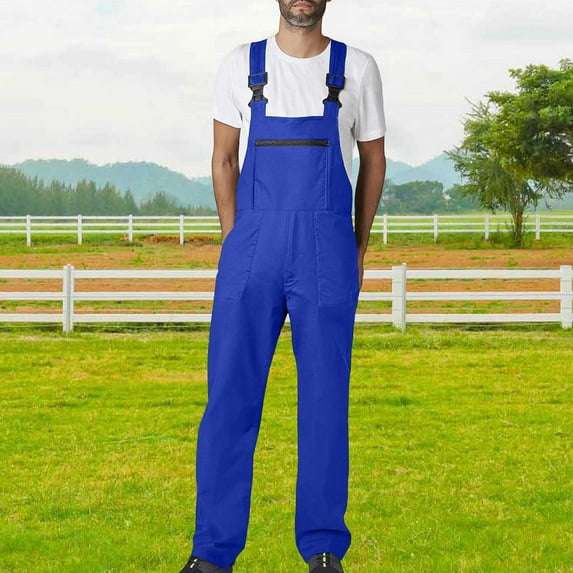 Yaoyar Men's Solid Color Multi Pocket Utility Overalls with Suspenders Durable Workwear Design for Labor and Service Duty Overalls,L,Blue