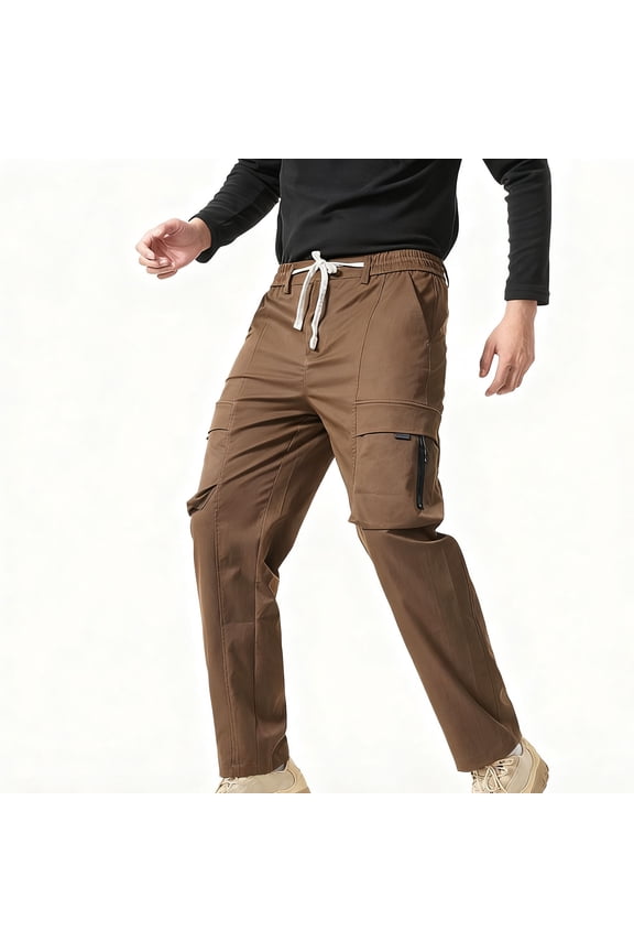 Men's Solid Color Outdoor Hiking Cargo Pants with Elastic Drawstring Waist and Multiple Utility Pockets Straight Leg Trousers,XXL,Coffee