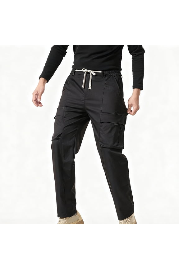 Men's Solid Color Outdoor Hiking Cargo Pants with Elastic Drawstring Waist and Multiple Utility Pockets Straight Leg Trousers,XXXL,Black