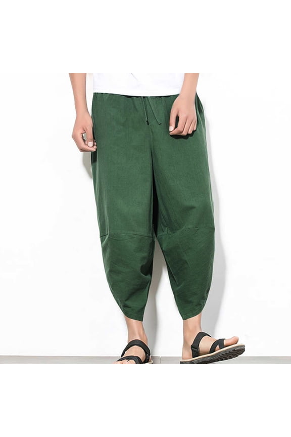 Men's Solid Color Relaxed Harem Trousers Cotton Linen Blend Cropped Length Comfortable Loose Style for Casual Wear Cropped Pants,M,Green
